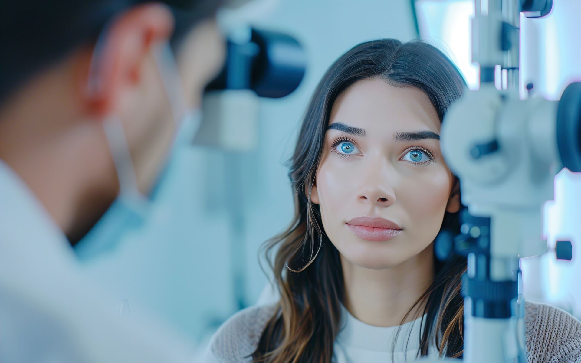 pre-paid vision care plans A woman undergoes an eye exam, highlighting the importance of regular checkups with pre-paid vision care plans.